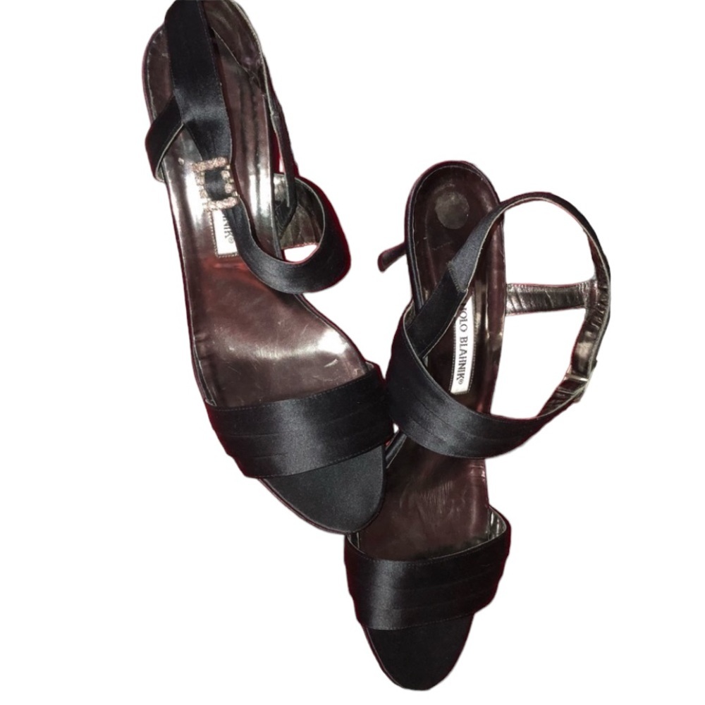 Manila Bkanik  size 10 black satin heels ankle strap with rhinestones 3” heel
